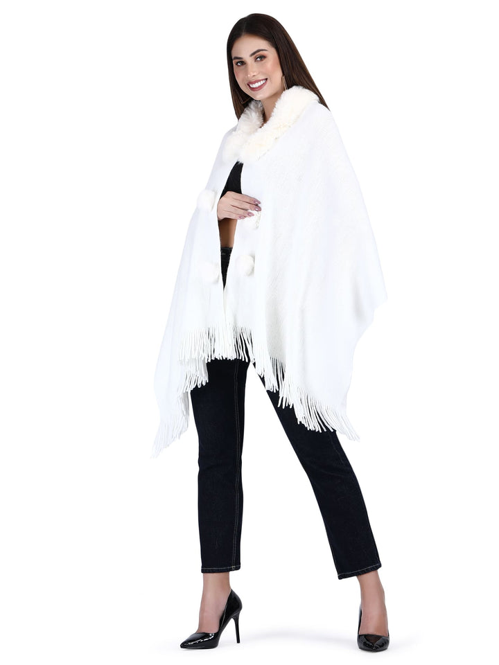 Fur Collar & Pom Pom Poncho (Free Size)- 106