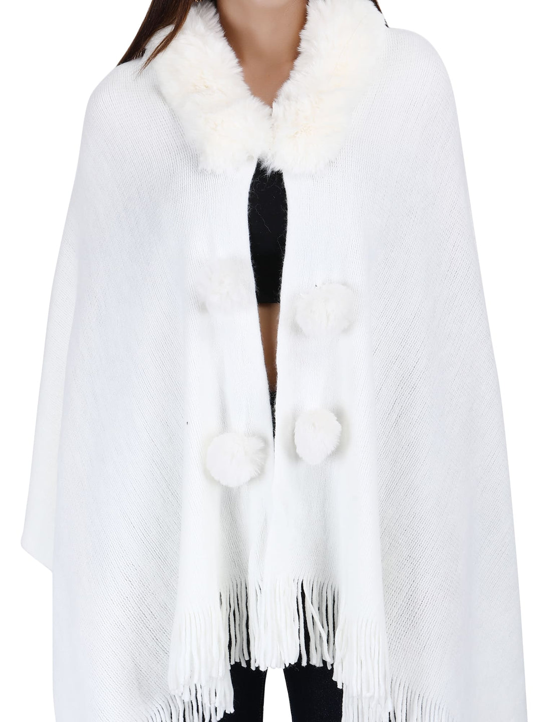 Fur Collar & Pom Pom Poncho (Free Size)- 106