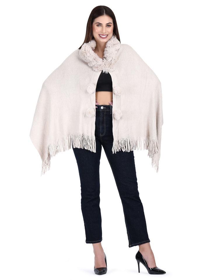 Fur Collar & Pom Pom Poncho (Free Size)- 107