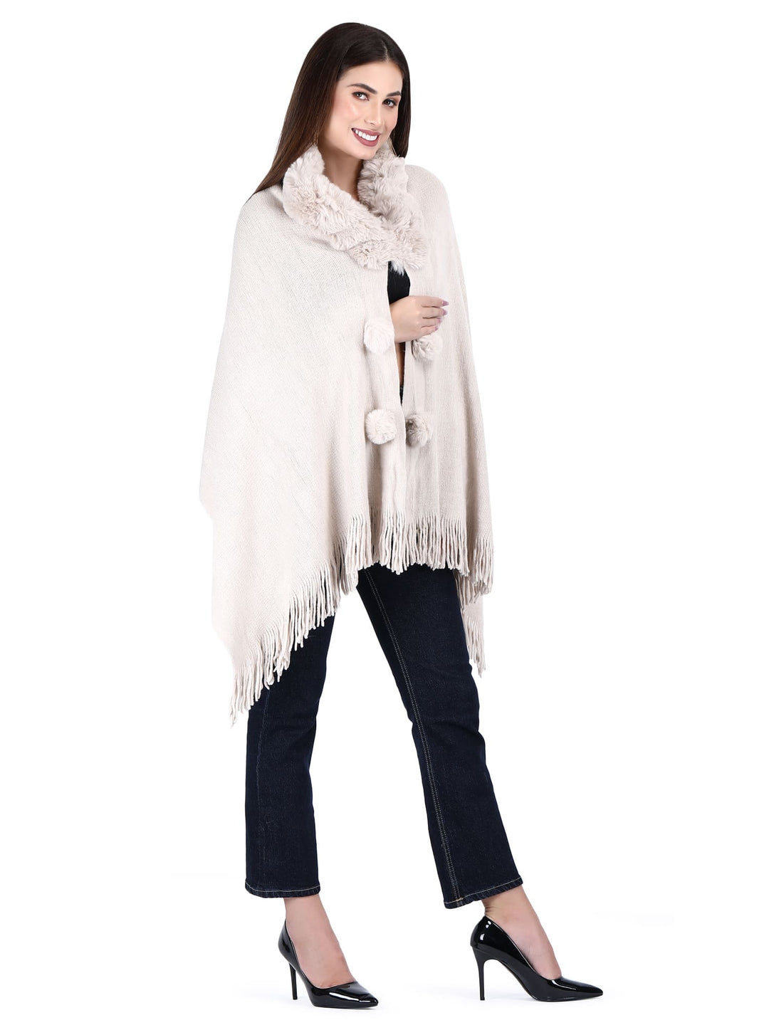 Fur Collar & Pom Pom Poncho (Free Size)- 107