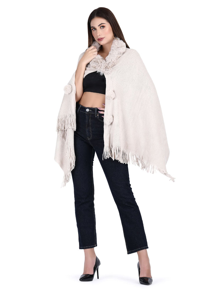 Fur Collar & Pom Pom Poncho (Free Size)- 107