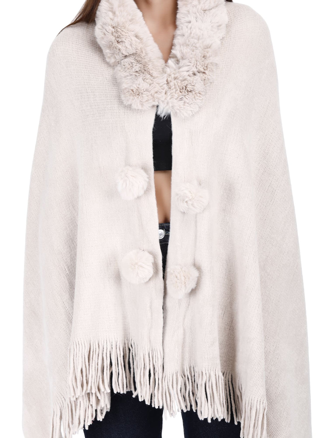 Fur Collar & Pom Pom Poncho (Free Size)- 107