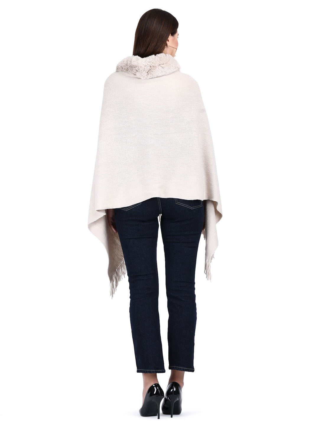 Fur Collar & Pom Pom Poncho (Free Size)- 107