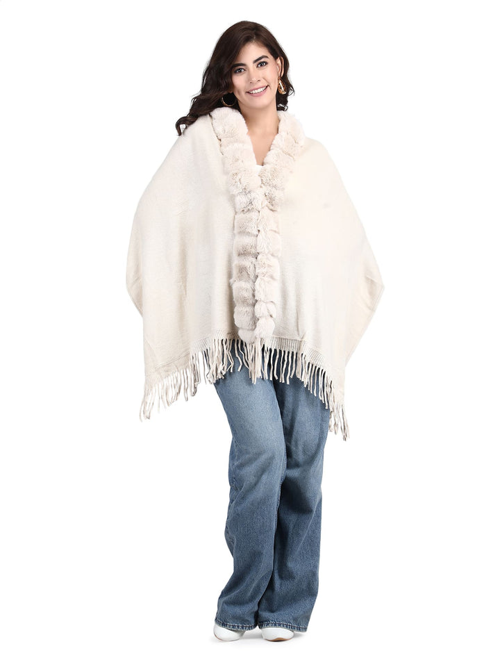 Beige Fur Collar Poncho - 109 (Free Size)