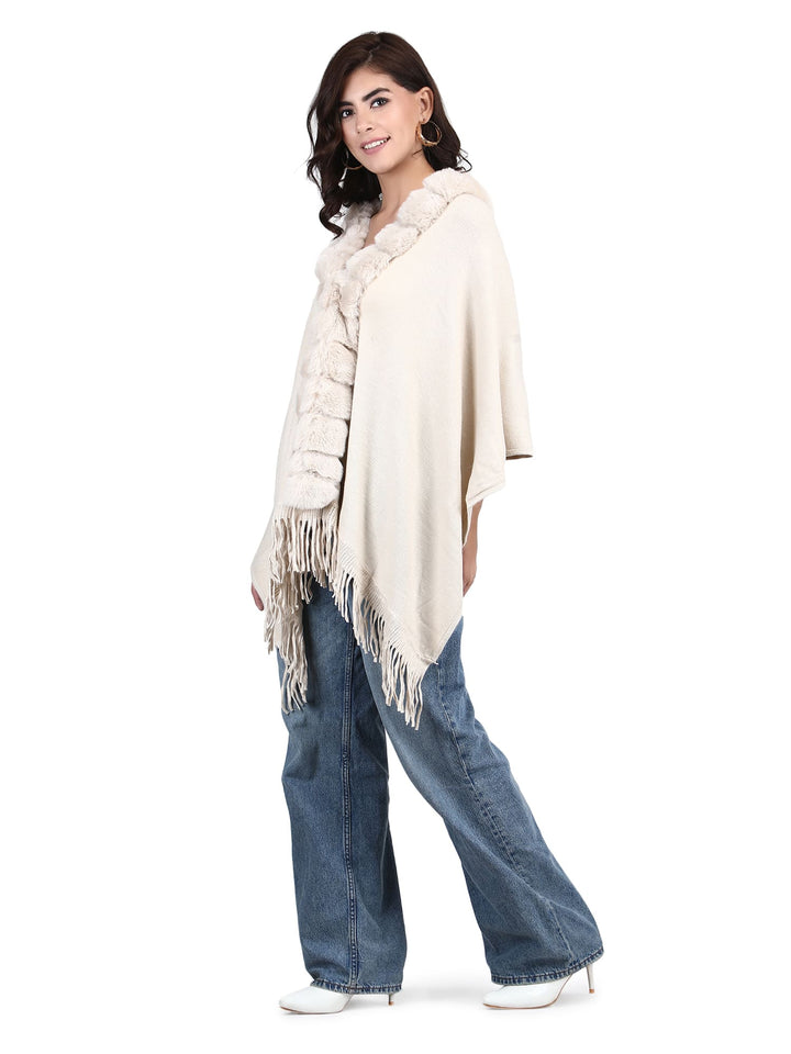 Beige Fur Collar Poncho - 109 (Free Size)