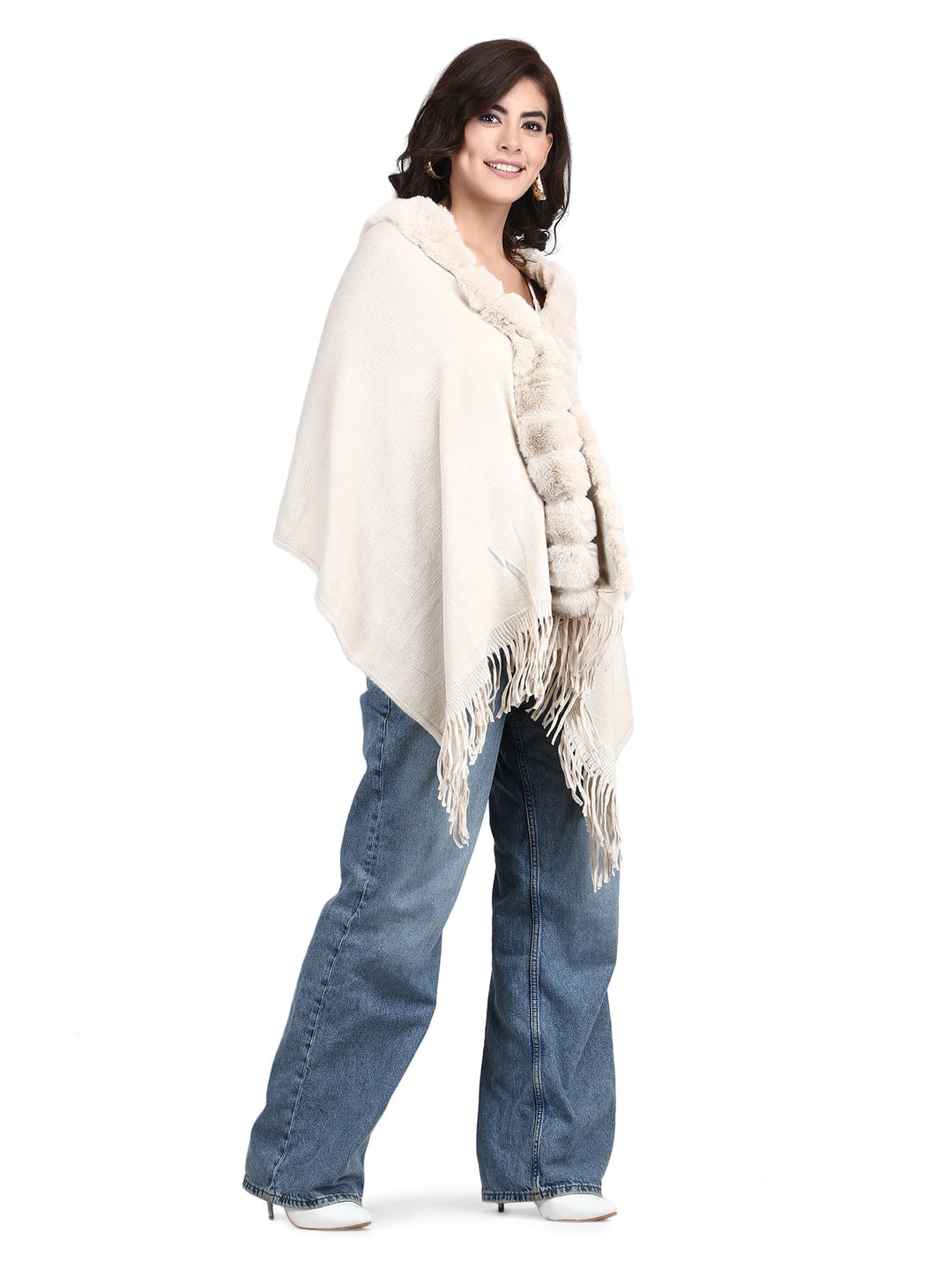 Beige Fur Collar Poncho - 109 (Free Size)