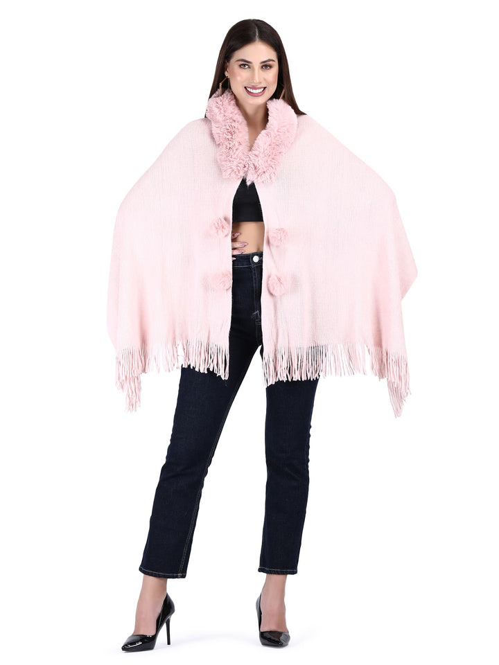 Fur Collar & Pom Pom Poncho (Free Size)- 110 - Baby Pink