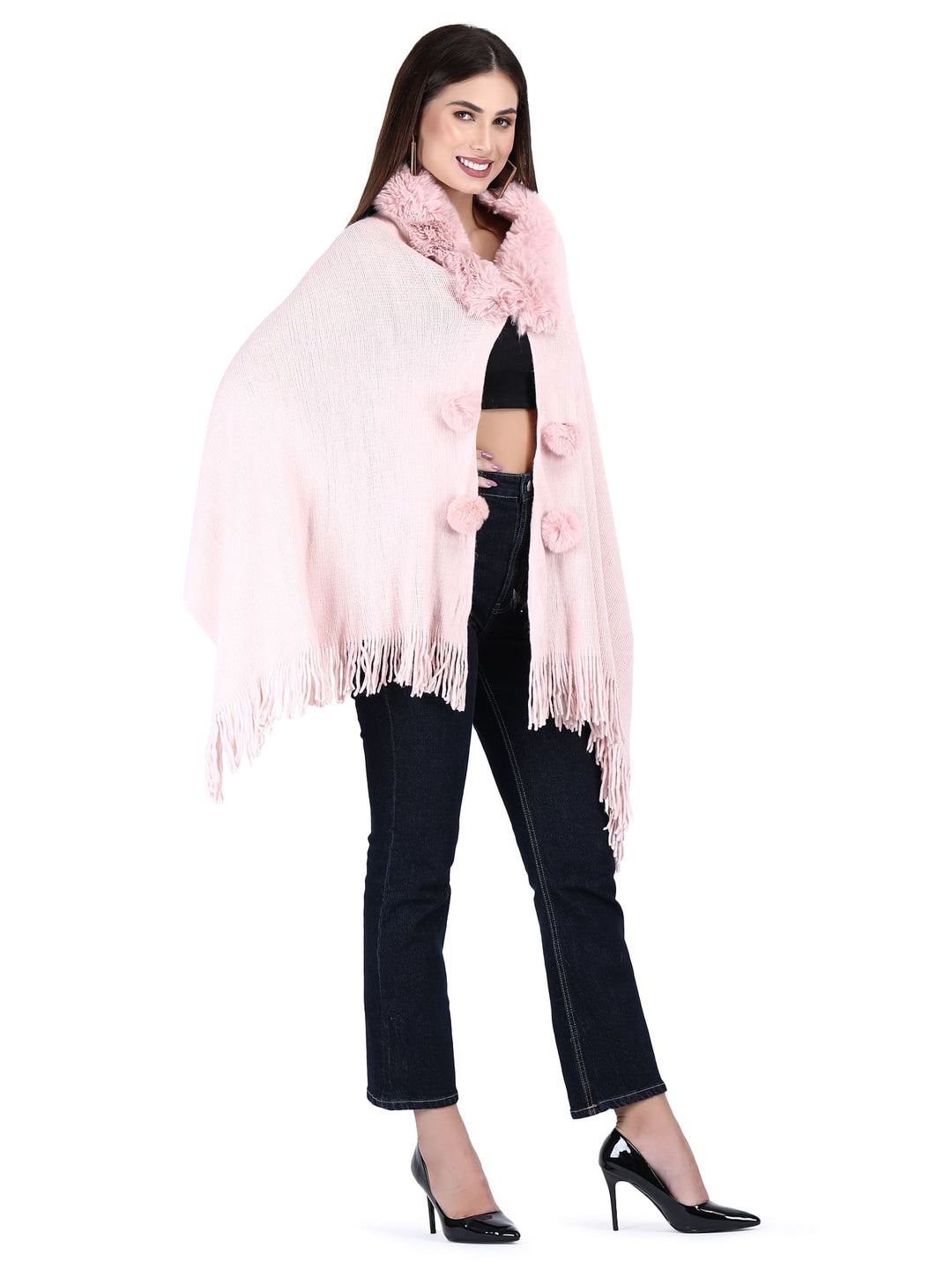 Fur Collar & Pom Pom Poncho (Free Size)- 110 - Baby Pink