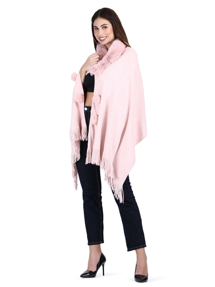 Fur Collar & Pom Pom Poncho (Free Size)- 110 - Baby Pink