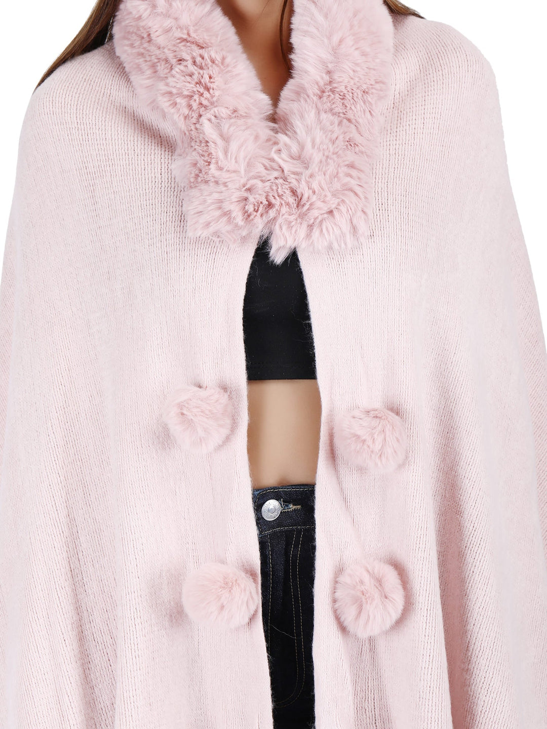 Fur Collar & Pom Pom Poncho (Free Size)- 110 - Baby Pink