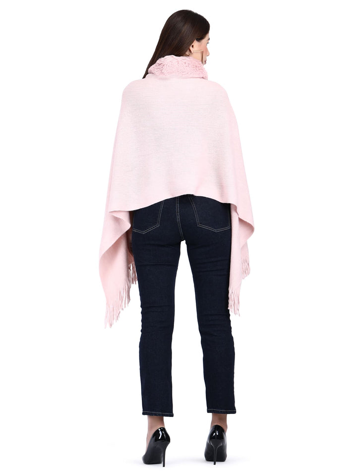 Fur Collar & Pom Pom Poncho (Free Size)- 110 - Baby Pink