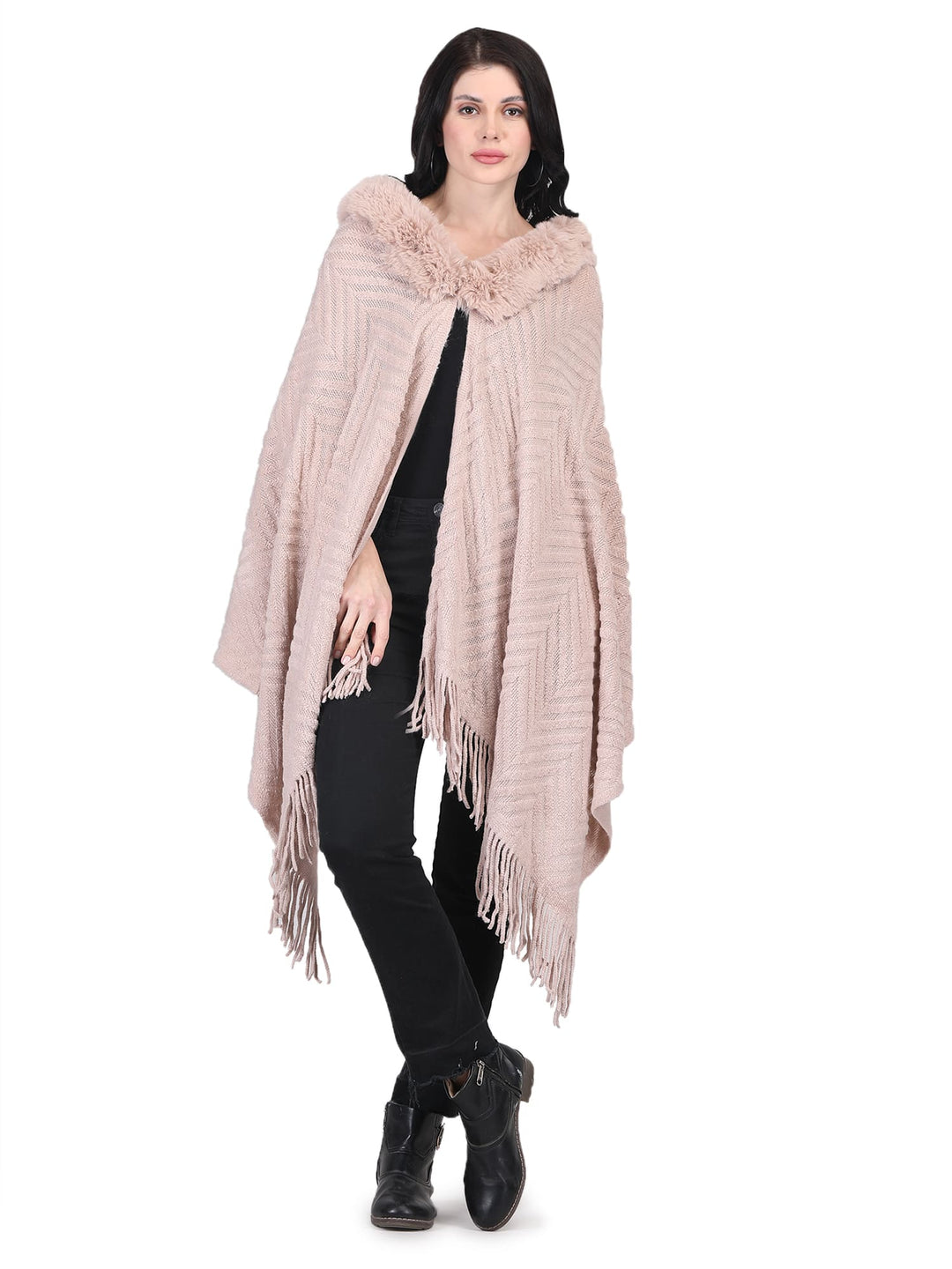 Chevron Fur Collar Poncho- 125 - Dusky Light Pink