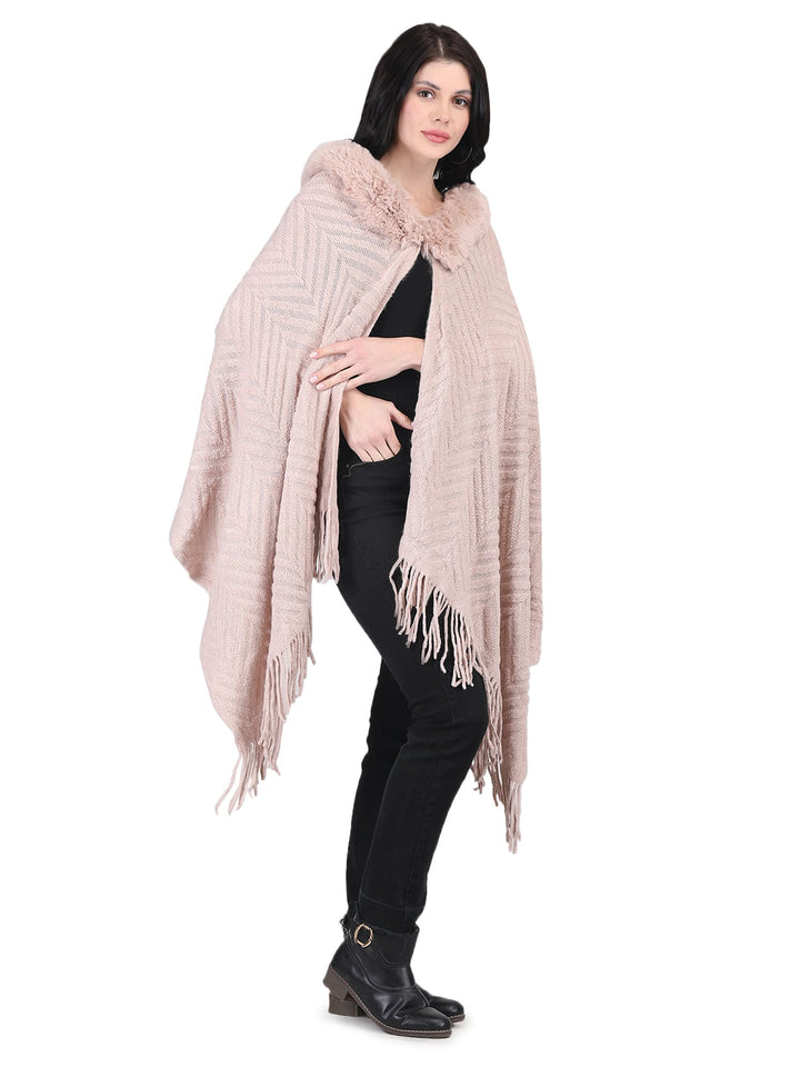 Chevron Fur Collar Poncho- 125 - Dusky Light Pink