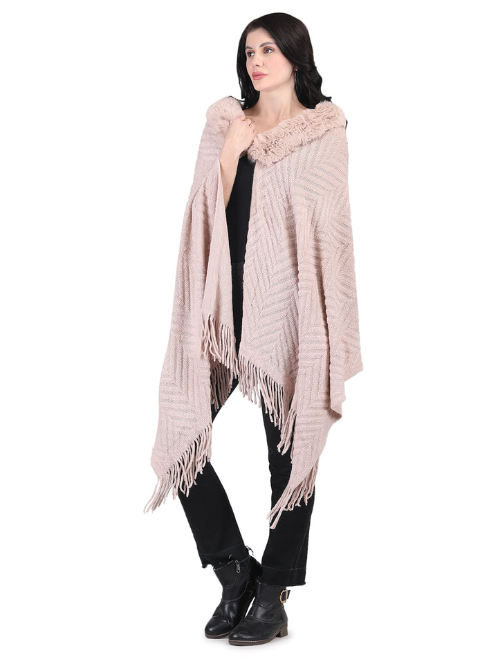 Chevron Fur Collar Poncho- 125 - Dusky Light Pink