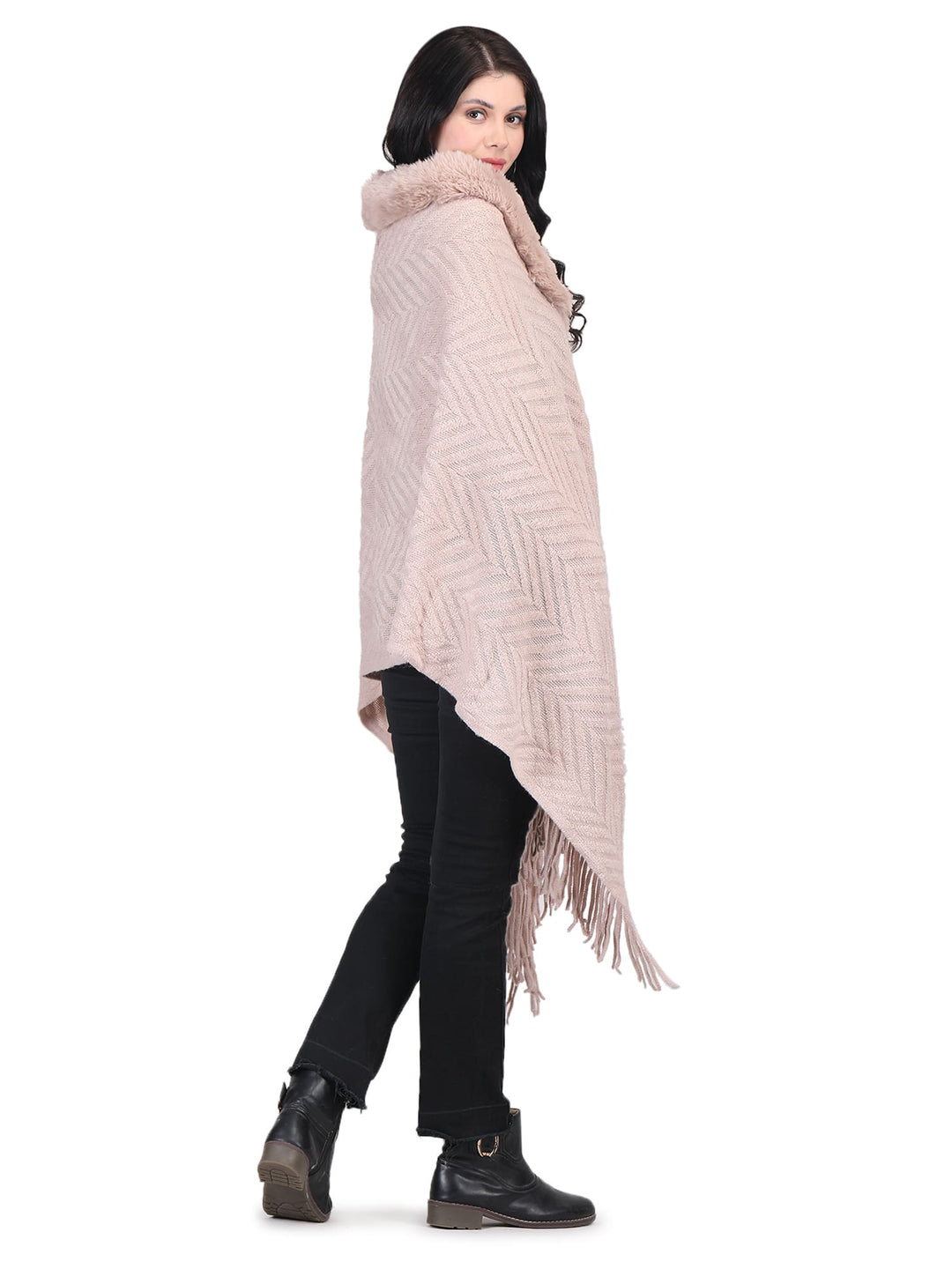 Chevron Fur Collar Poncho- 125 - Dusky Light Pink