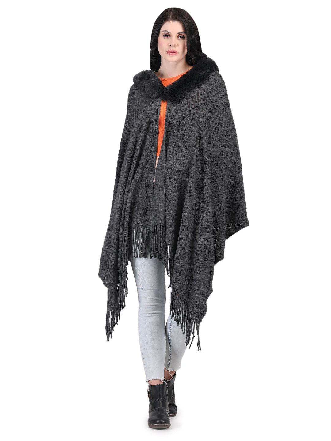 Chevron Fur Collar Poncho- 129 - Dark Grey