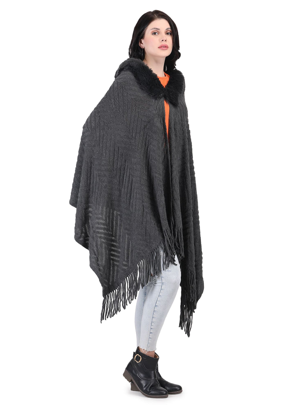 Chevron Fur Collar Poncho- 129 - Dark Grey