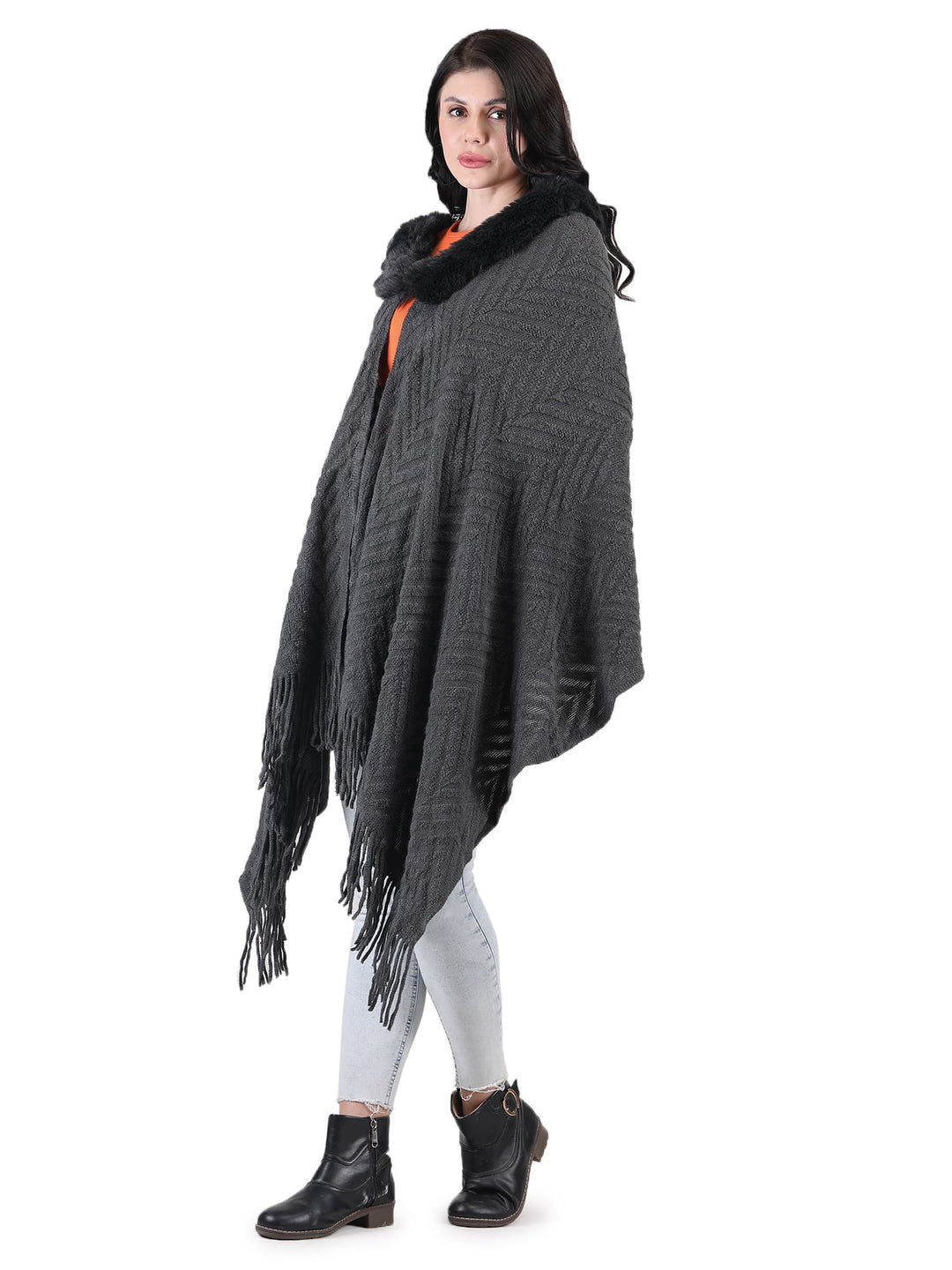 Chevron Fur Collar Poncho- 129 - Dark Grey