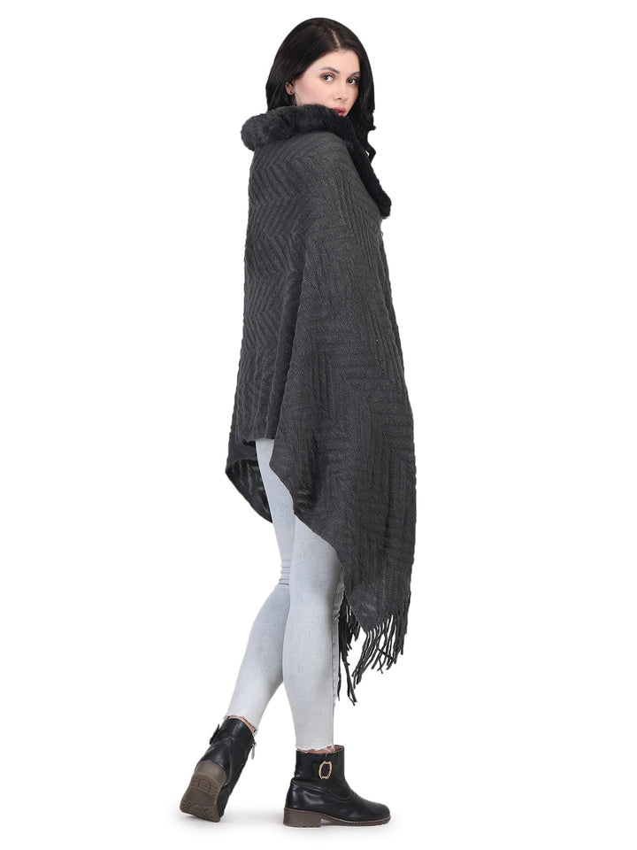 Chevron Fur Collar Poncho- 129 - Dark Grey