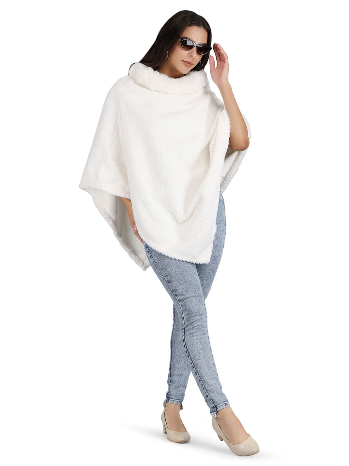 Velvet Fur Collar Poncho - (Free Size) - White - 132