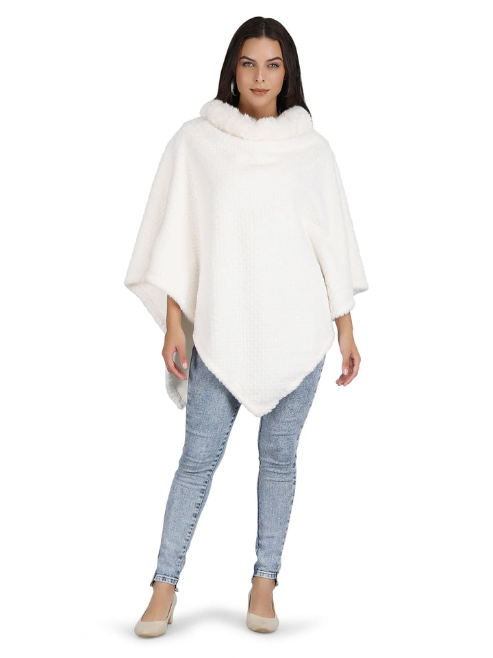 Velvet Fur Collar Poncho - (Free Size) - White - 132