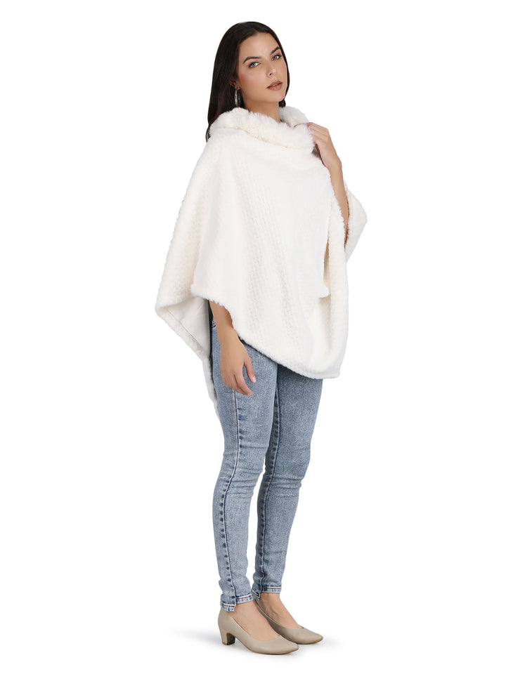 Velvet Fur Collar Poncho - (Free Size) - White - 132