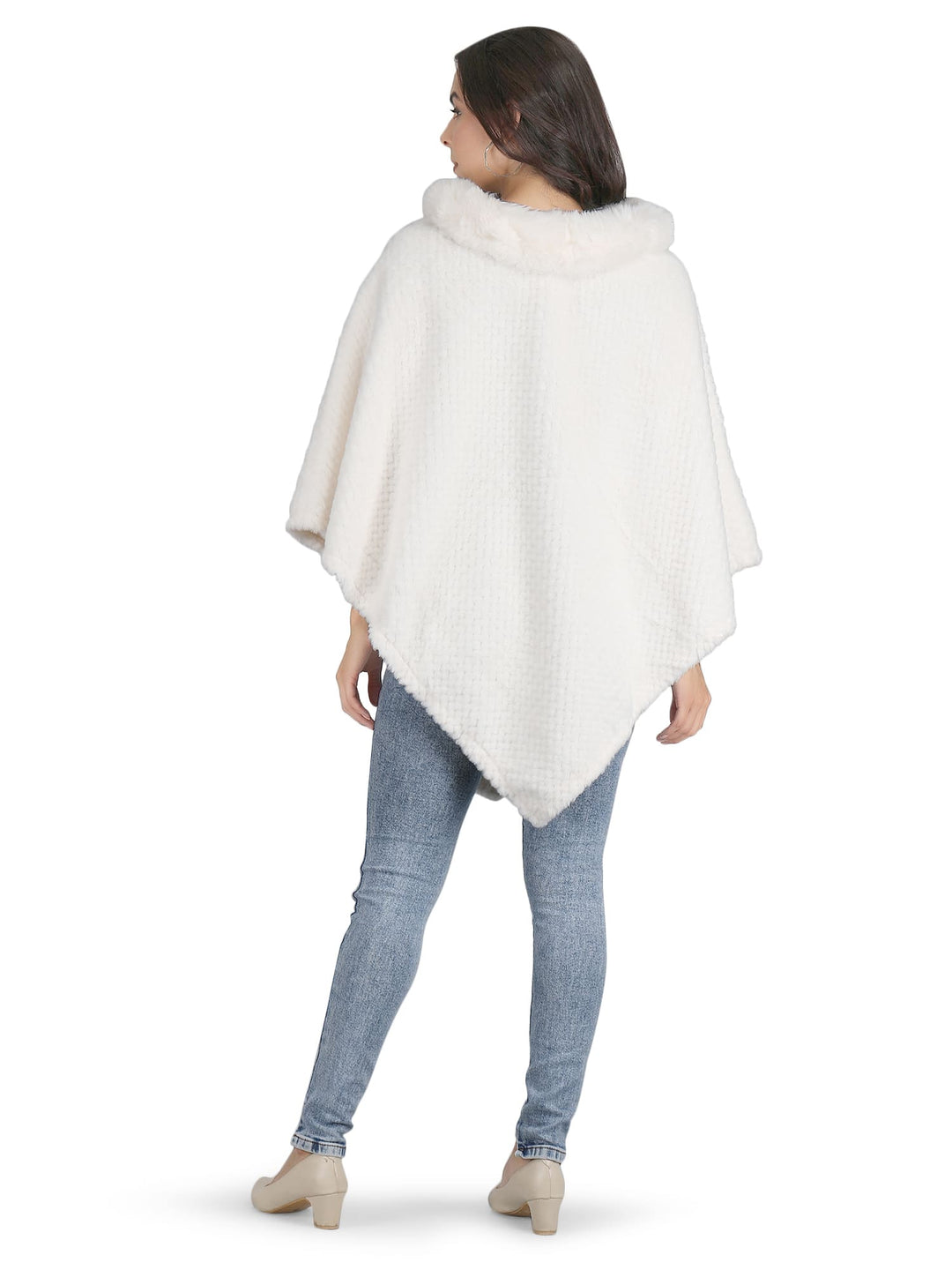 Velvet Fur Collar Poncho - (Free Size) - White - 132