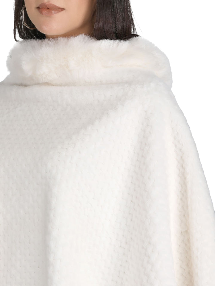 Velvet Fur Collar Poncho - (Free Size) - White - 132