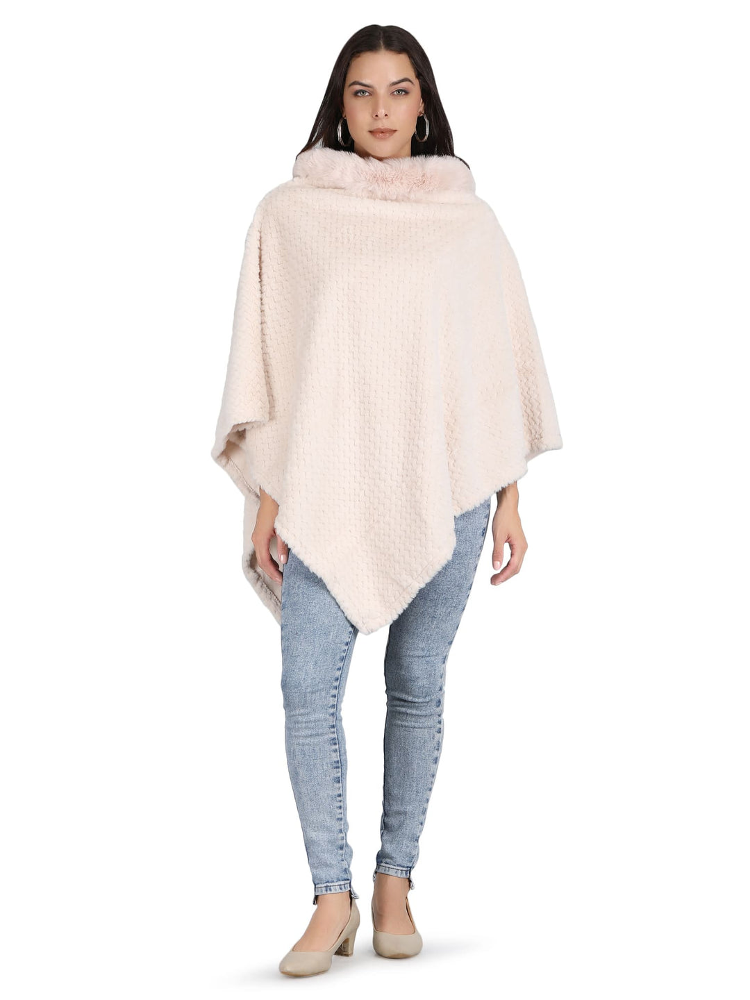 Velvet Fur Collar Poncho - (Free Size) - Cream - 133