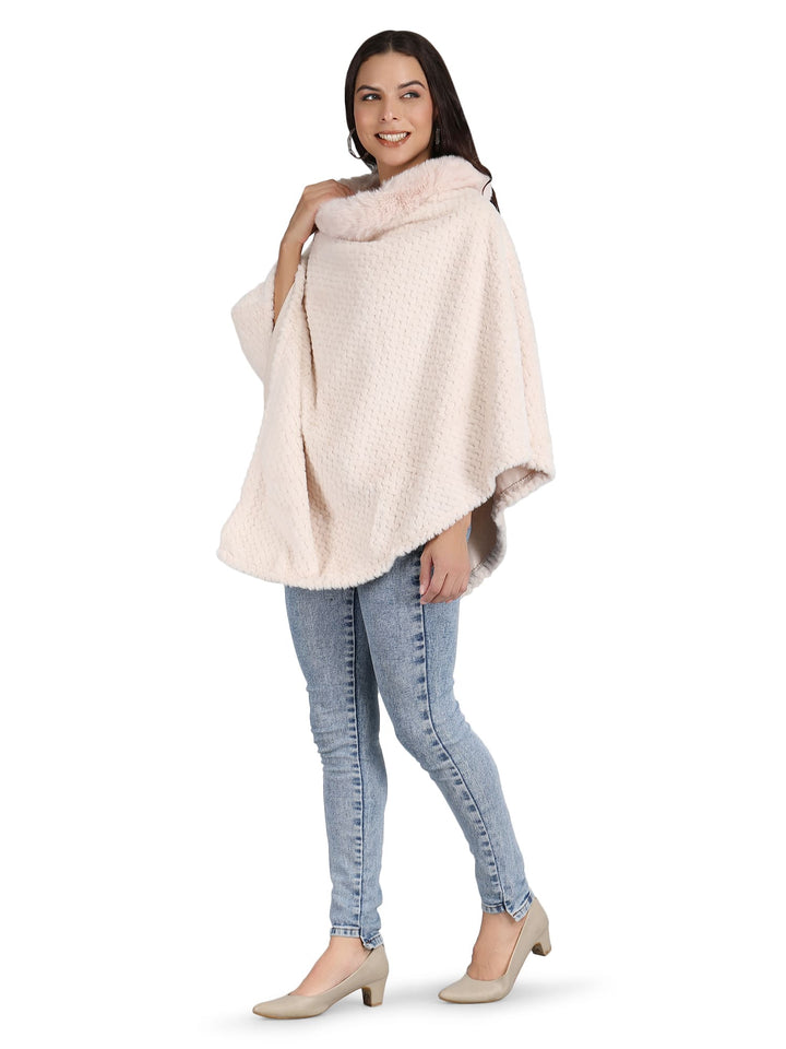 Velvet Fur Collar Poncho - (Free Size) - Cream - 133