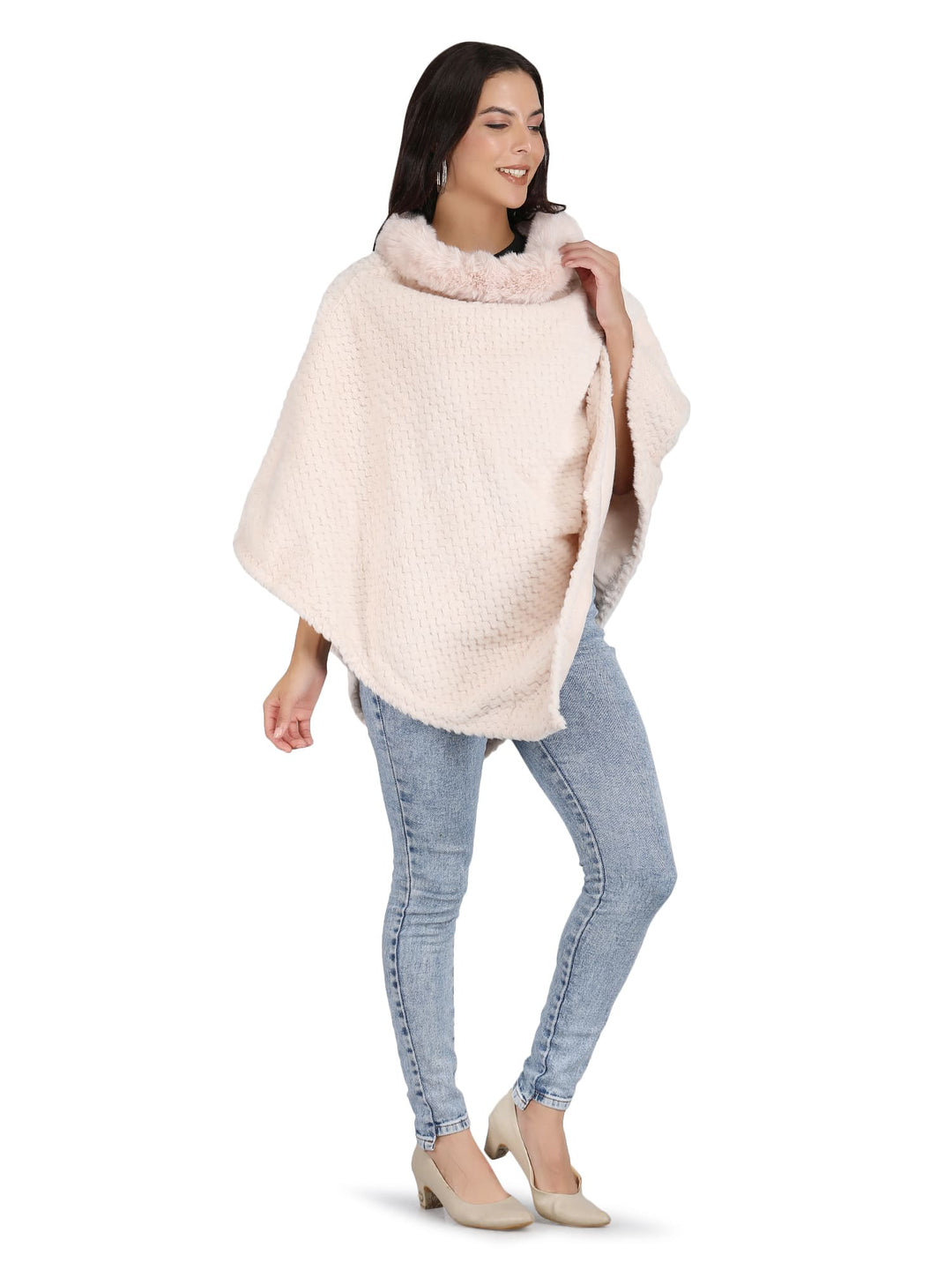 Velvet Fur Collar Poncho - (Free Size) - Cream - 133