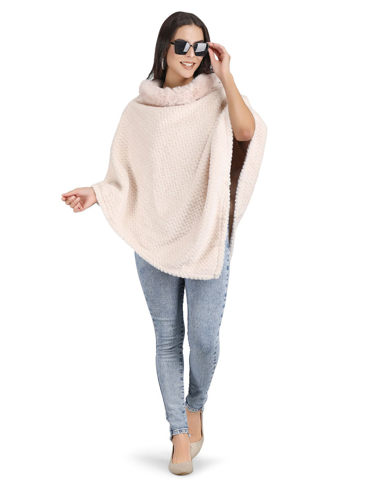 Velvet Fur Collar Poncho - (Free Size) - Cream - 133