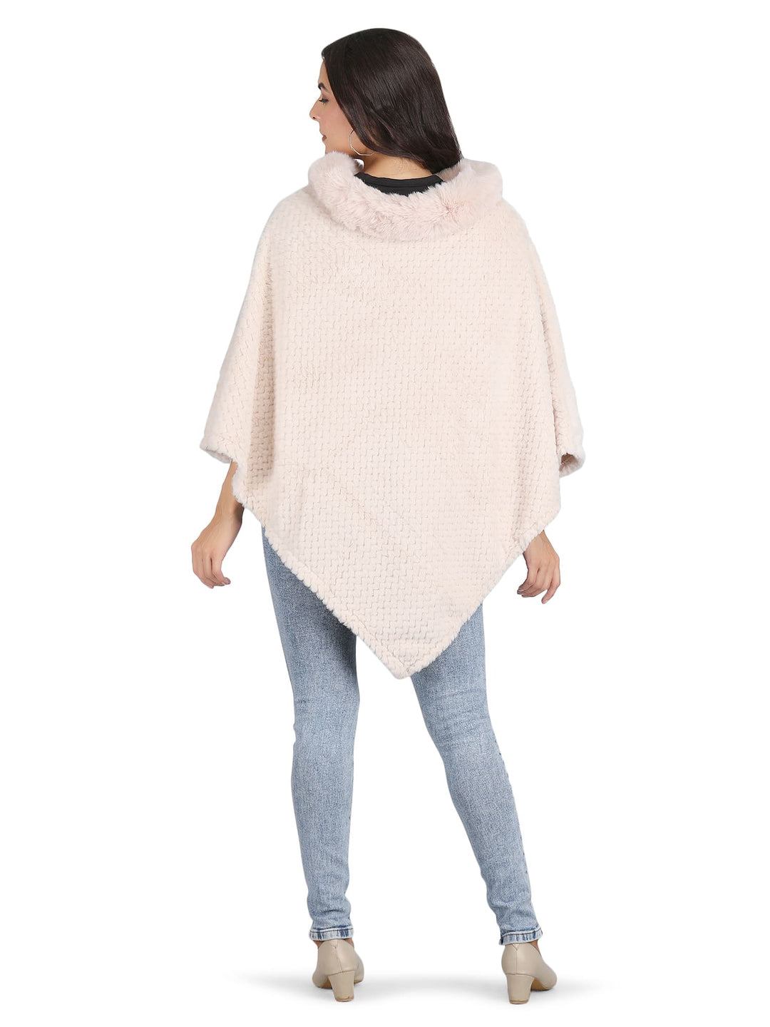 Velvet Fur Collar Poncho - (Free Size) - Cream - 133