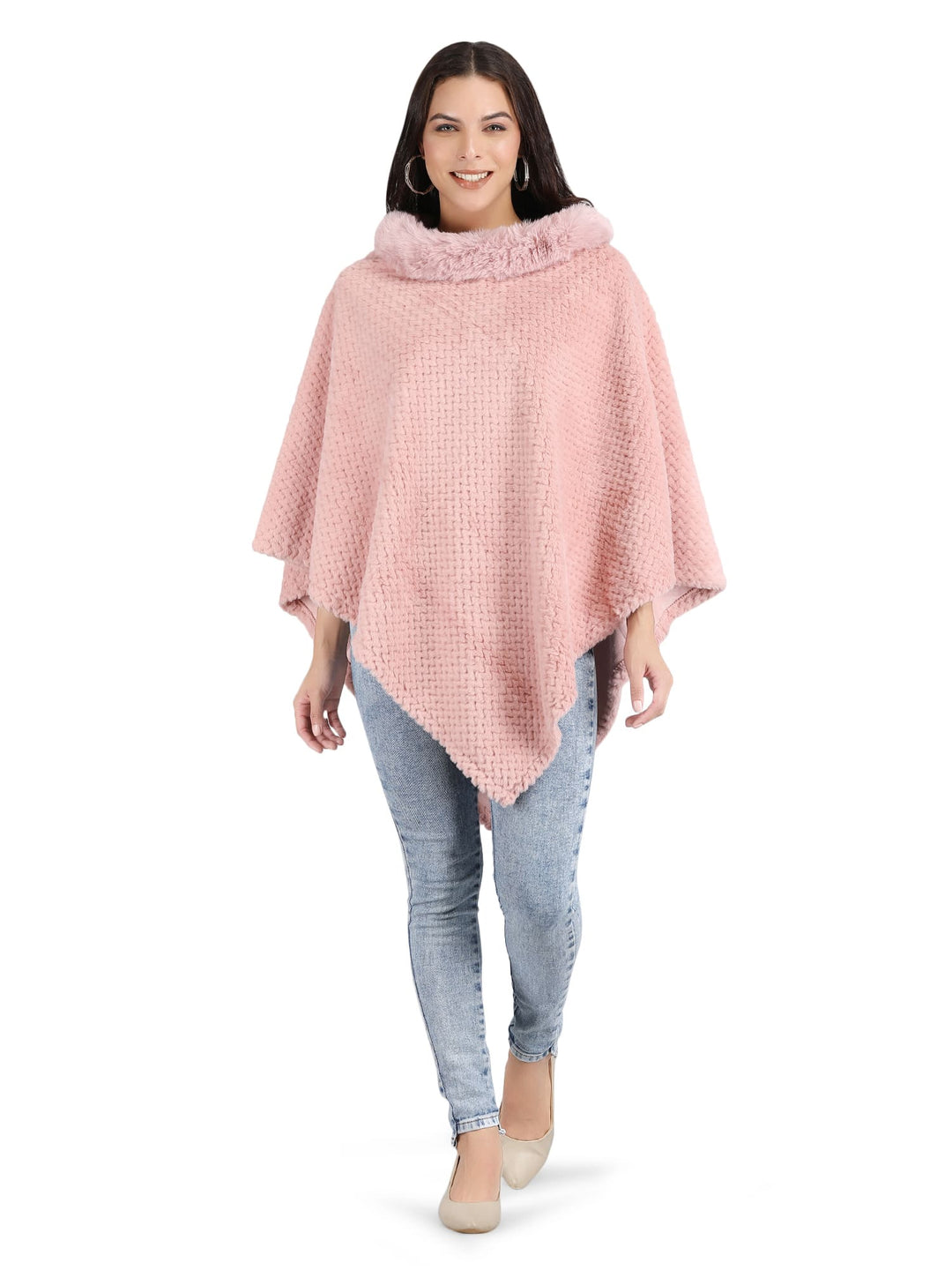 Velvet Fur Collar Poncho - Free Size - Pink - 134