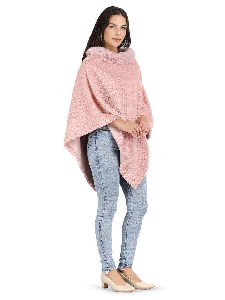 Velvet Fur Collar Poncho - Free Size - Pink - 134