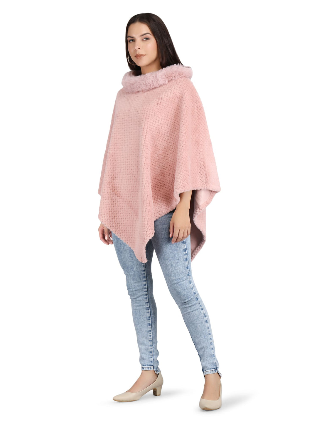 Velvet Fur Collar Poncho - Free Size - Pink - 134