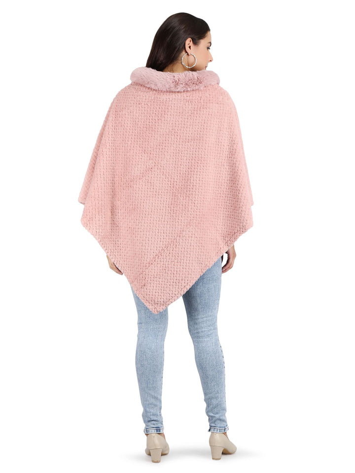 Velvet Fur Collar Poncho - Free Size - Pink - 134