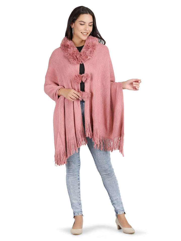 Fur Collar & Pom Pom Poncho - (Free Size) - Pink - 135