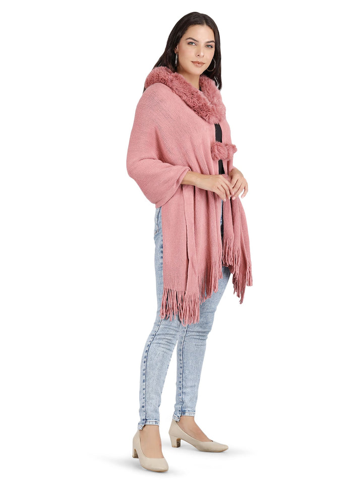 Fur Collar & Pom Pom Poncho - (Free Size) - Pink - 135