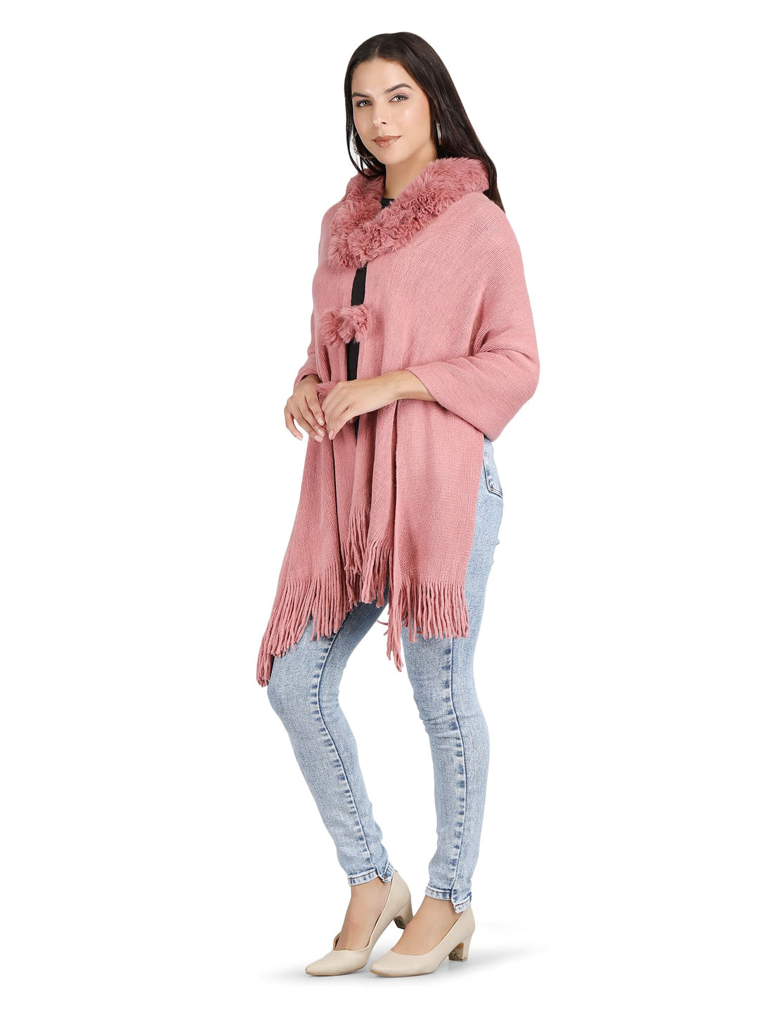 Fur Collar & Pom Pom Poncho - (Free Size) - Pink - 135