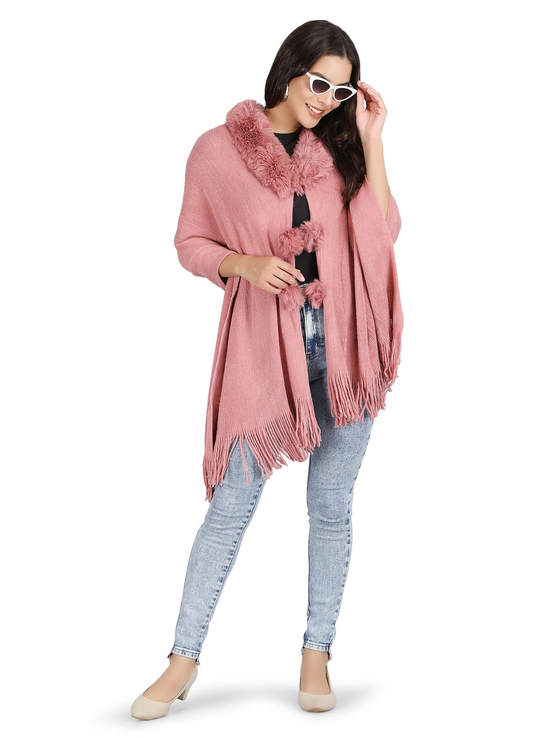 Fur Collar & Pom Pom Poncho - (Free Size) - Pink - 135