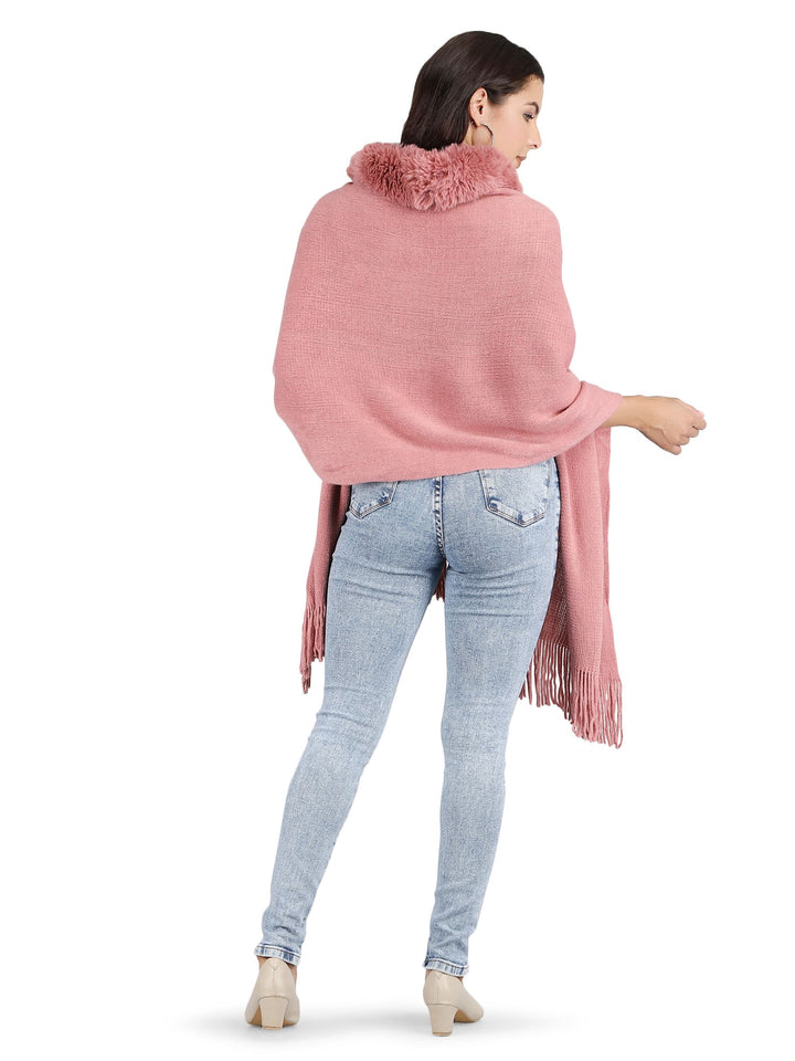 Fur Collar & Pom Pom Poncho - (Free Size) - Pink - 135