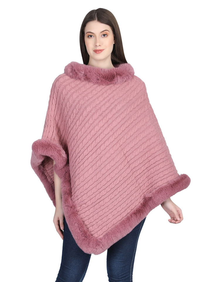 Pink Knitted Fur Collar Poncho - 137  (Free Size)