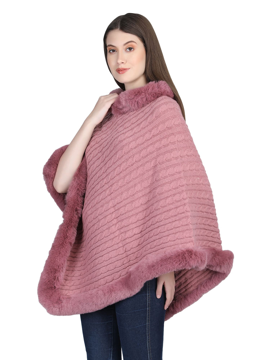 Pink Knitted Fur Collar Poncho - 137  (Free Size)