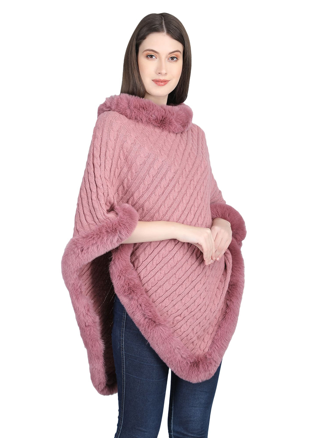 Pink Knitted Fur Collar Poncho - 137  (Free Size)