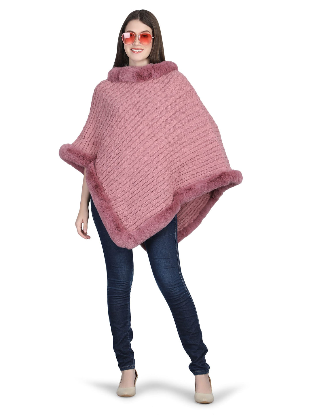 Pink Knitted Fur Collar Poncho - 137  (Free Size)