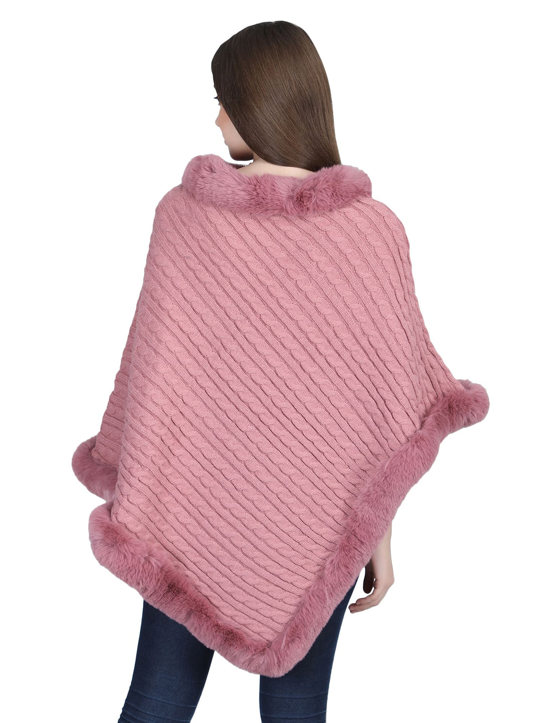 Pink Knitted Fur Collar Poncho - 137  (Free Size)