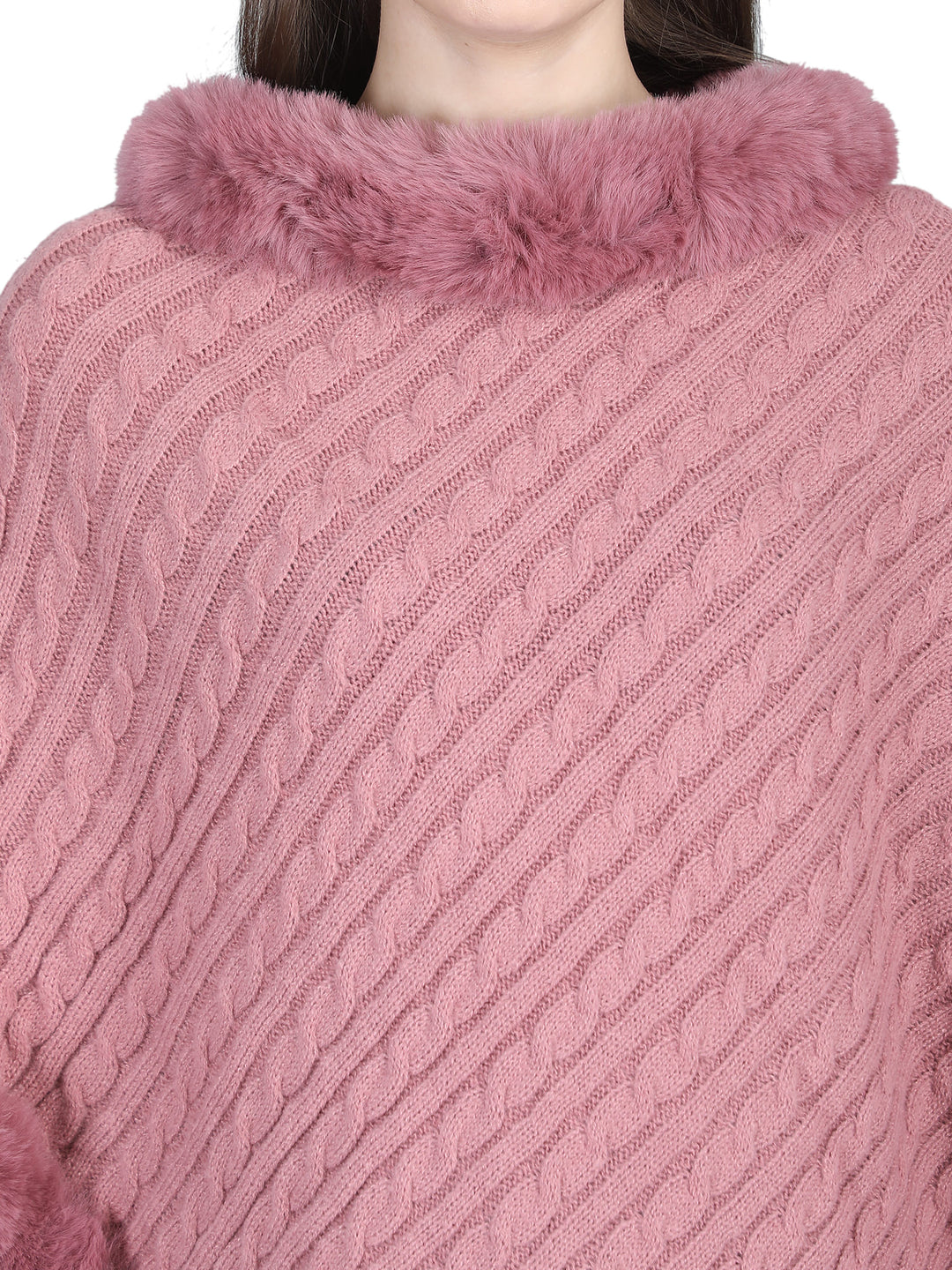 Pink Knitted Fur Collar Poncho - 137  (Free Size)