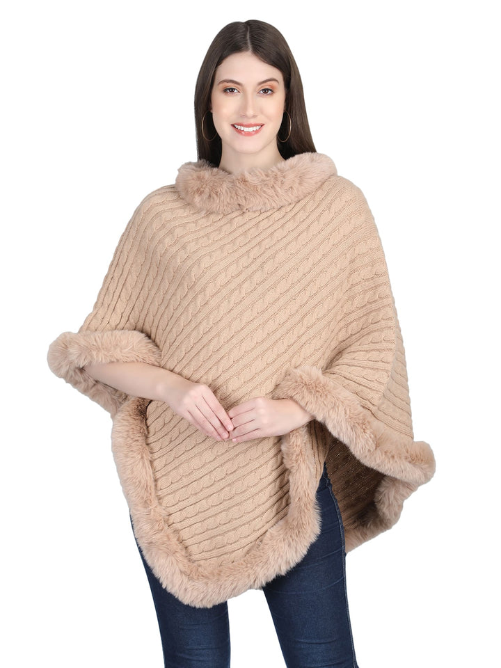 Beige Knitted Fur Collar Poncho - 138  (Free Size)