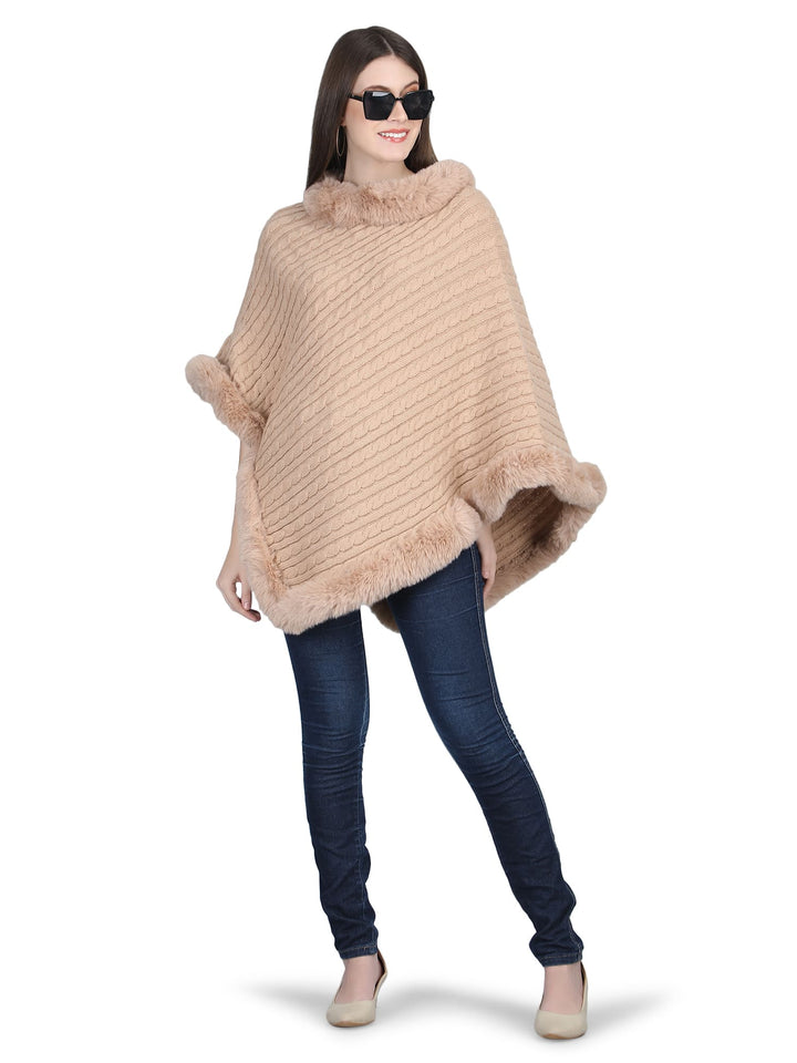 Beige Knitted Fur Collar Poncho - 138  (Free Size)